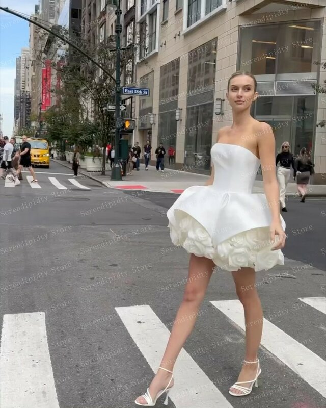 Vestido de baile de satén blanco sin tirantes para mujer, ropa de flores esponjosas hecha a medida, vestidos de graduación elegantes, vestidos florales, envío gratis