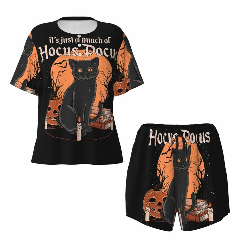 Niestandardowy zestaw piżam Hocus Pocus Witch On Halloween Night Zestaw damski 2-częściowy z krótkim rękawem Cat Sleepwear Loungewear PJ Zestawy szortów