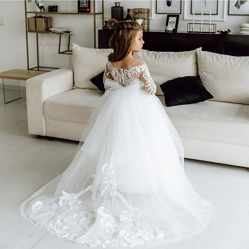 FATAPAESE-vestido branco de dama de honra para meninas, manga comprida floral, renda floral, tule, vestido para casamento, até 2022