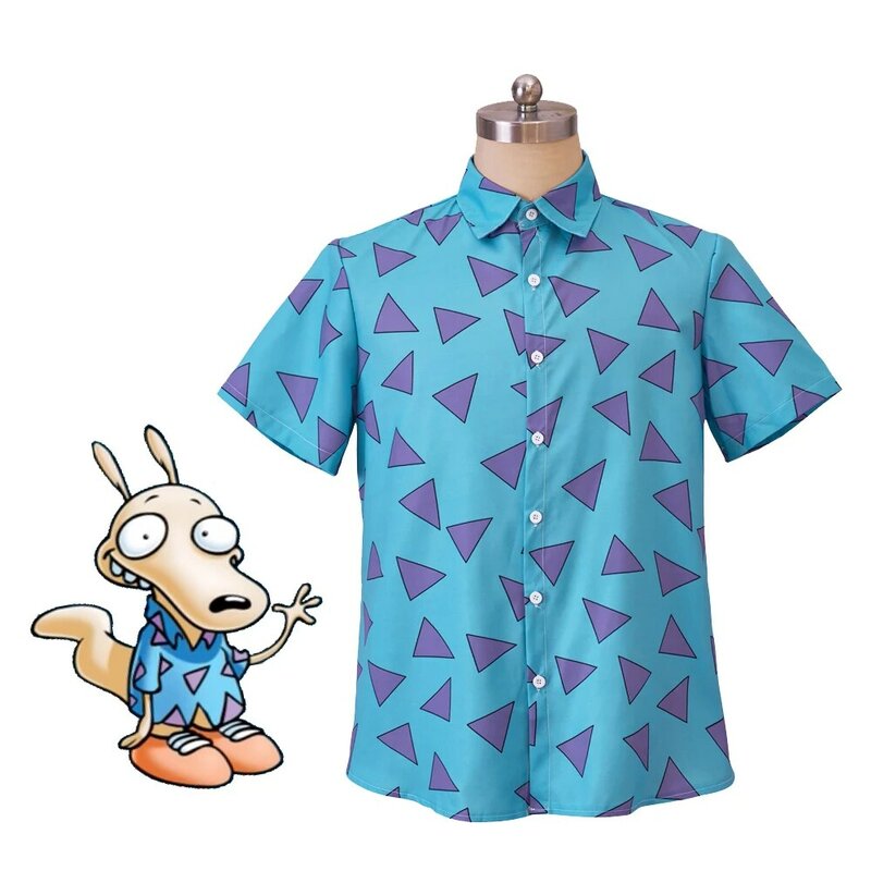 Disfraz de vida moderna de Anime Rocko para hombre, camisa azul de Rocko, camisa hawaiana con estampado triangular 3D, camisas casuales de playa