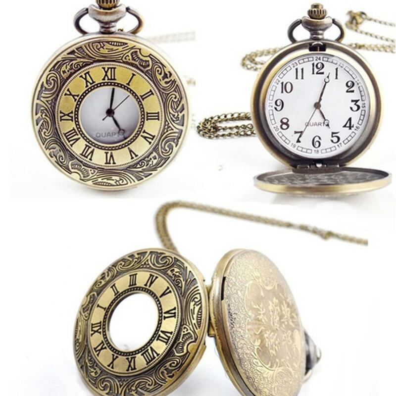 Reloj de bolsillo de cuarzo con esfera redonda hueca Unisex, pantalla doble Vintage con cadena, regalo de joyería