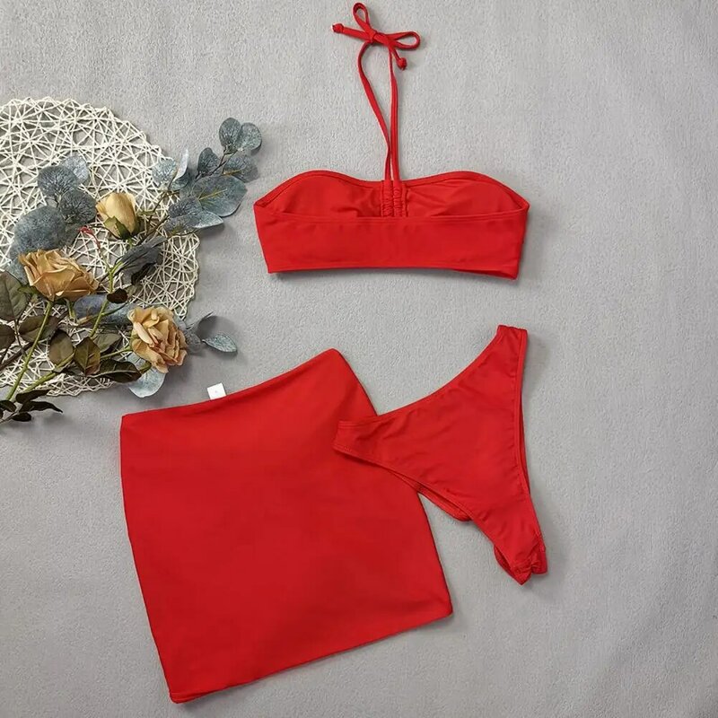 Set Bikini pinggang tinggi pakaian pantai warna polos Set Bikini bunga mawar 3d modis dengan celana renang pinggang tinggi Overskirt