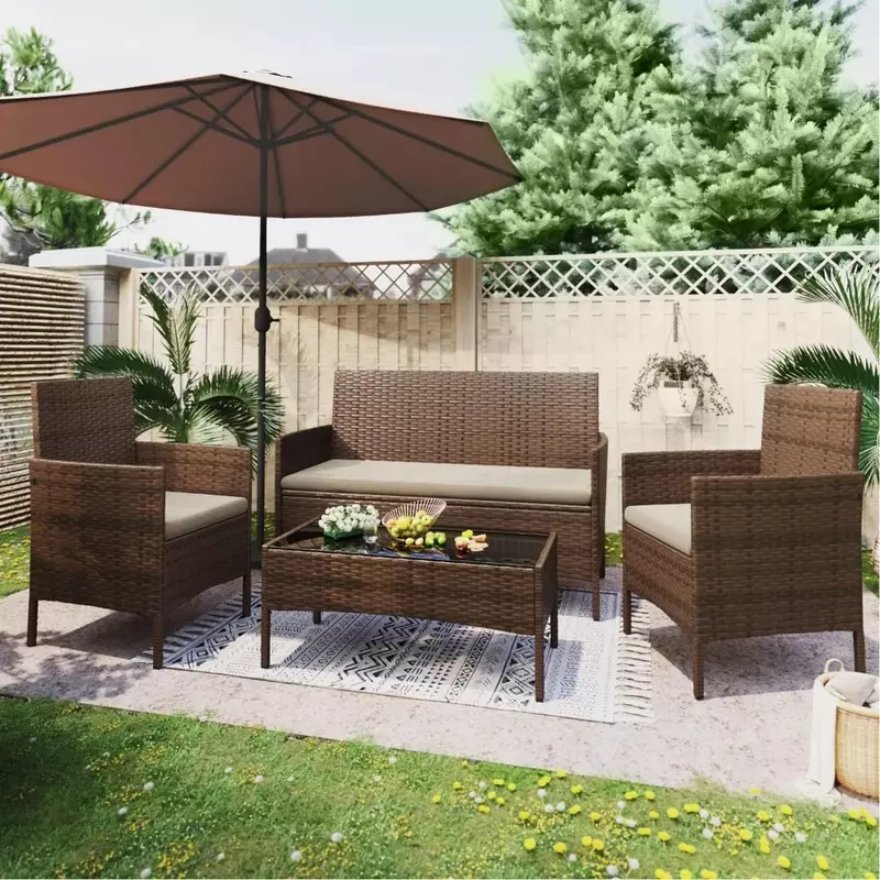Outdoor-Sofa-Set von 4 mit weichem Kissen und Glas tisch, Terrassen möbel 4-teiliges Gesprächs set, Outdoor-Korb-Rattan stühle