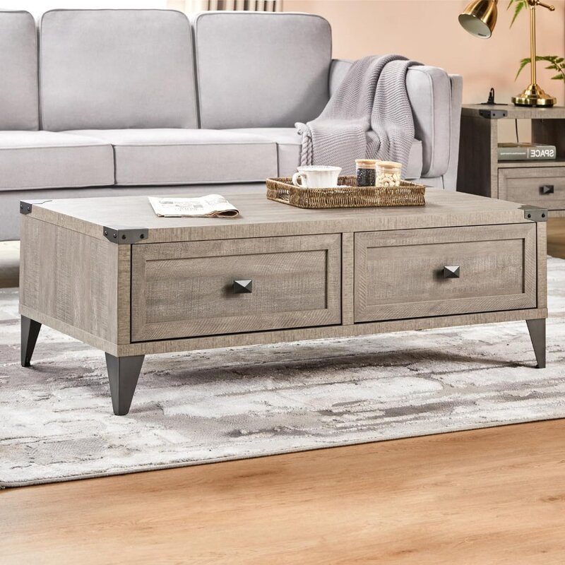 3 Pieces Set  Coffee Table , Two Side Tables with Charging Station, Coffee Table with Rear Storage Shelf for Living Room