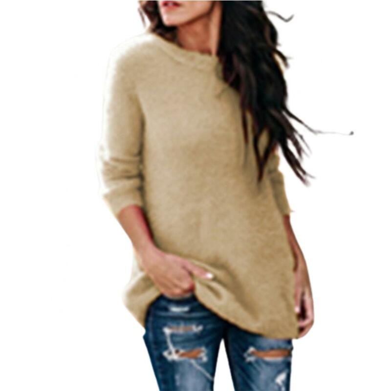 Sweater & jumper wanita, Sweater lengan panjang warna Solid pakaian rajut cantik leher O musim gugur