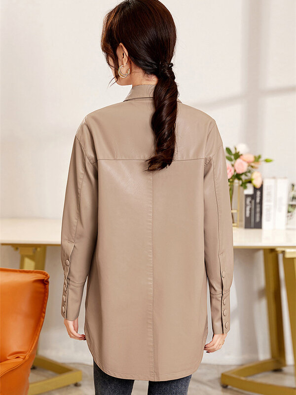Novo casaco de couro estilo camisa primavera outono para mulher Casaco solto de simplicidade com um só peito e virado para baixo na moda casual Couro dividido