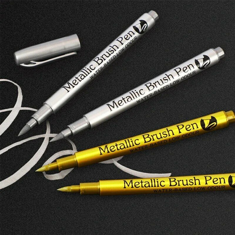 Rotuladores metálicos de pincel, marcador de arte permanente para manualidades de Manga, suministros de papelería escolar, Color dorado y plateado, 2 o 1 unidades