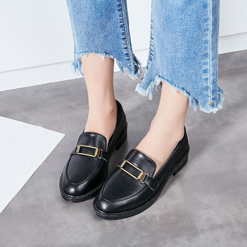 3CM thick heel women small leather shoes round toe soft bottom metal decorative loafers black slip on women's pumps