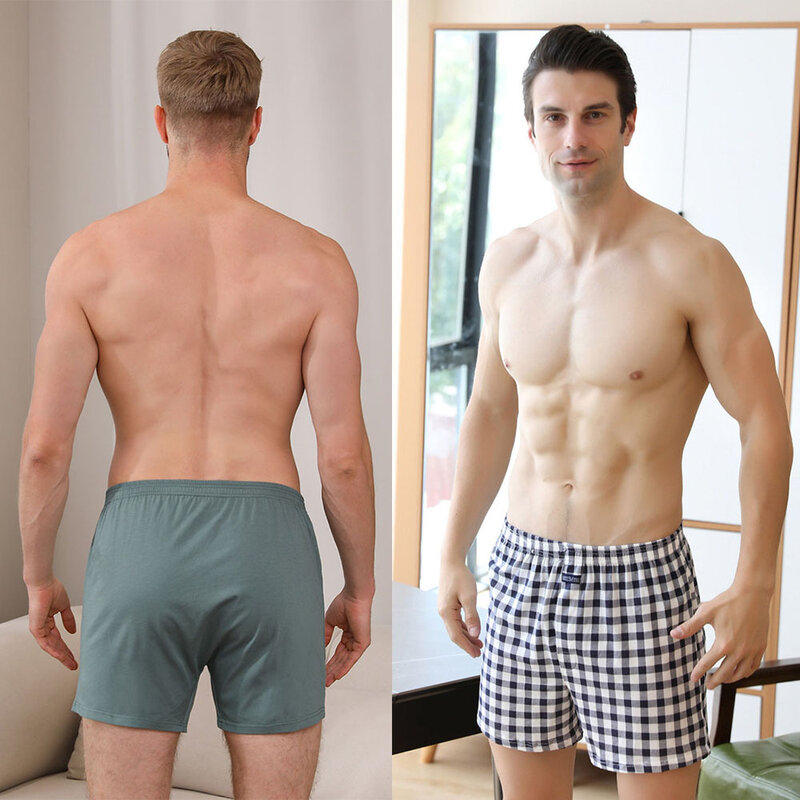 Pijama xadrez masculino calça curta, cintura elástica, shorts de dormir, respirável casual, fundo de cintura 3D, 100% algodão, 2 peças