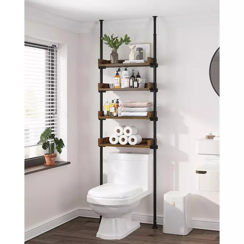 Bathroom Organizer, Over The Toilet Storage, 4-Tier Adjustable Wood Shelves for Small Rooms, Saver Space Rack