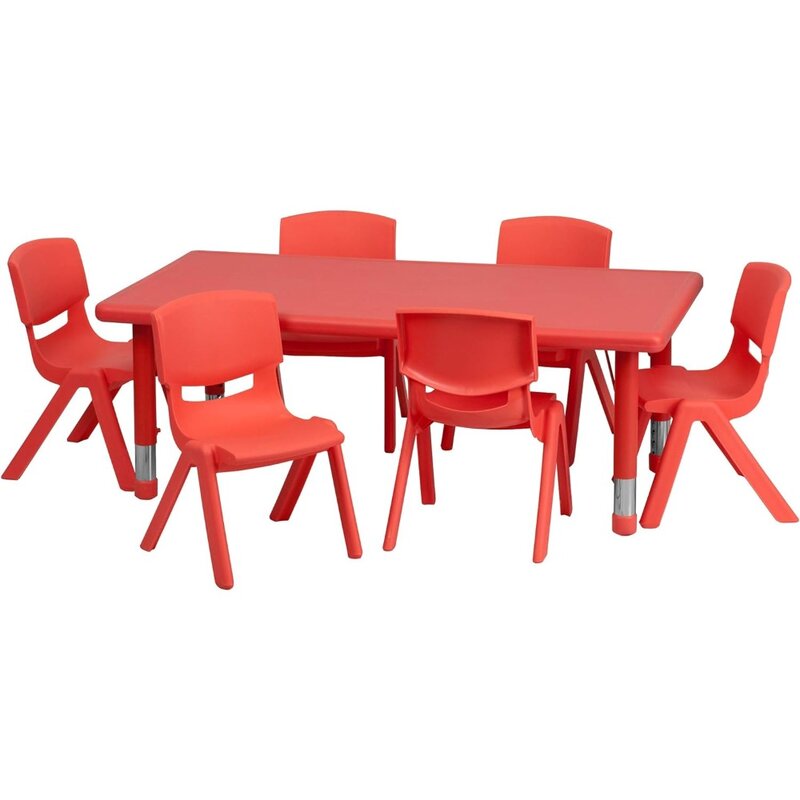 Children's table and chair set, rectangular red plastic height adjustable movable table and chair set, with 6 chairs