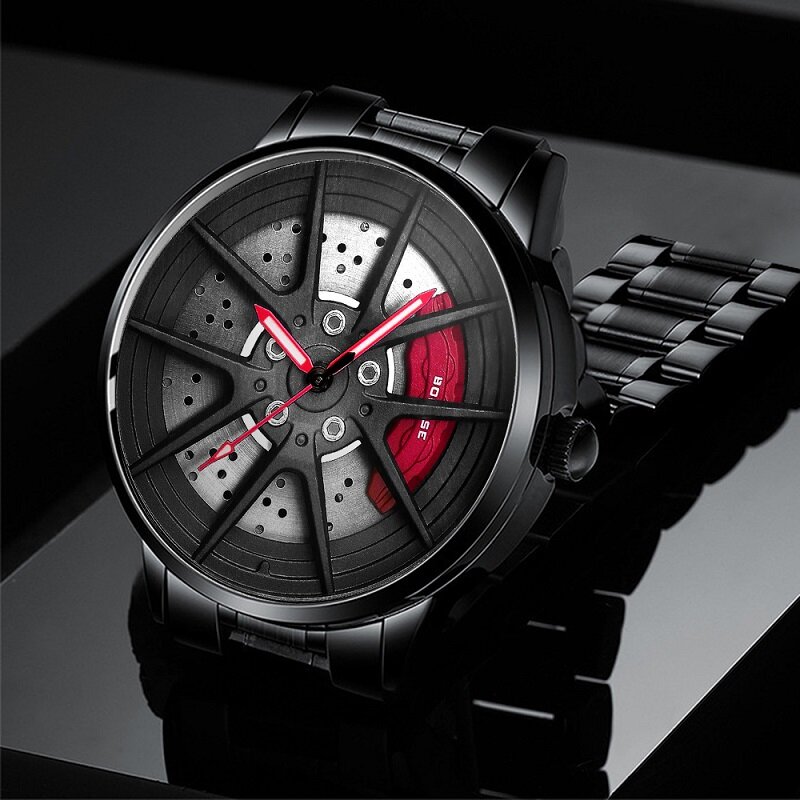 BORUSE-reloj de acero inoxidable para hombre, accesorio de pulsera de cuarzo resistente al agua con ruedas de coche, a la moda, 2024