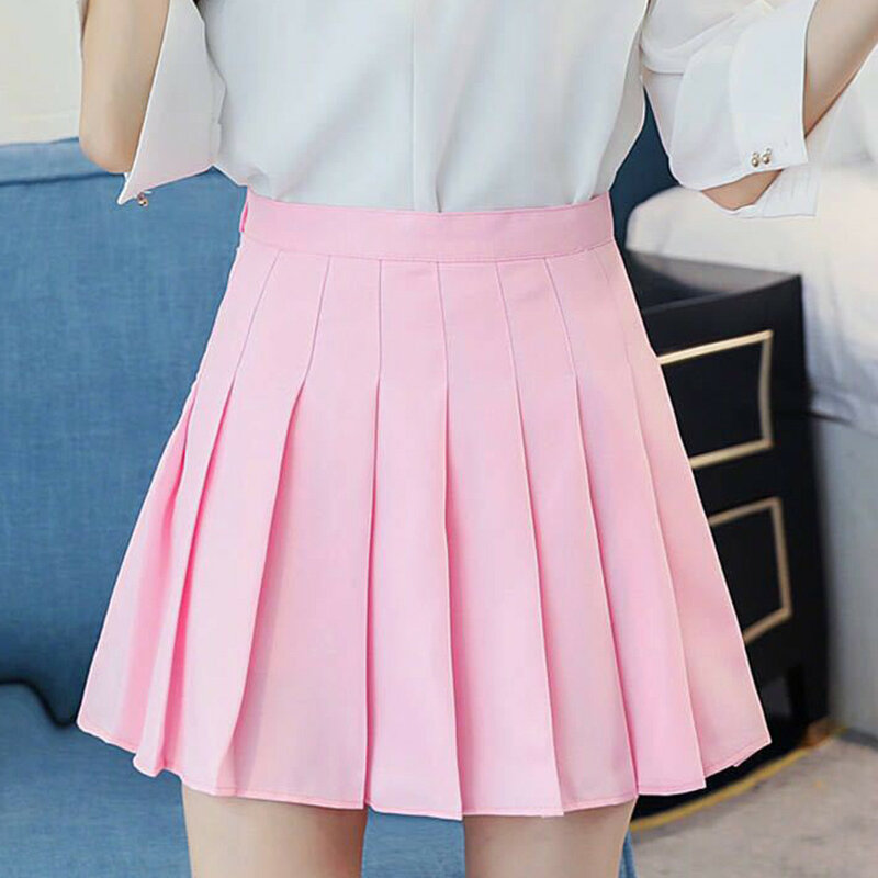 Faldas plisadas de Color liso para mujer, minifalda corta de cintura alta con cremallera, estilo escolar JK, A la moda para estudiantes