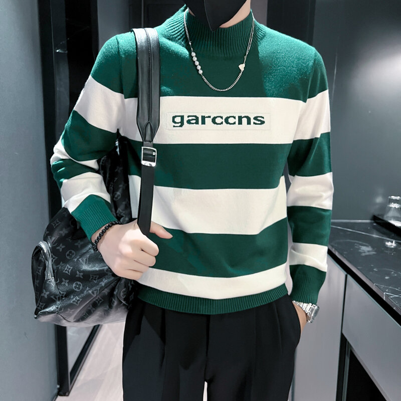 Color Contrast Striped Sweater/ High Quality Mens Autumn Winter New Half Height Collar Casual Slim Fit Trendy Knitting Pullover
