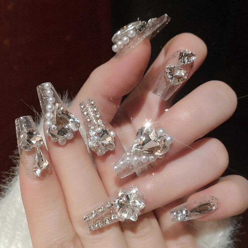 24pcs/box Luxury False Nail 3D Glitter Rhinestone Press On Nails Handmade Full Cover Diamond Nail Patch Manicure Art Decoration