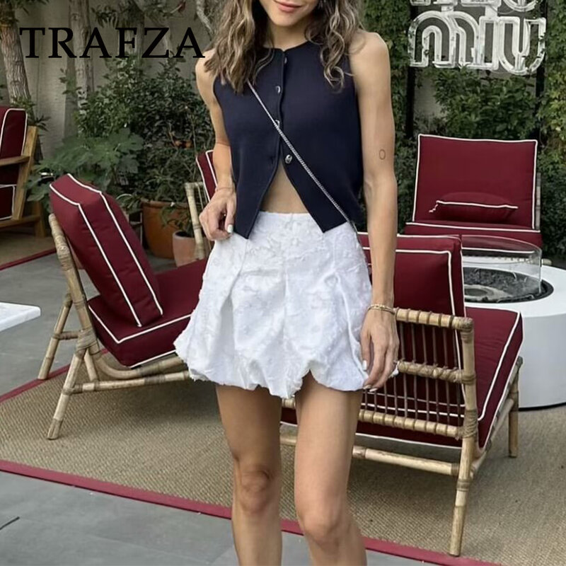 TRAFZA-Mini jupe lanterne Jacquard décontractée pour femme, plissée, fermeture éclair, plis, streetwear, mode élégante, été, 2024