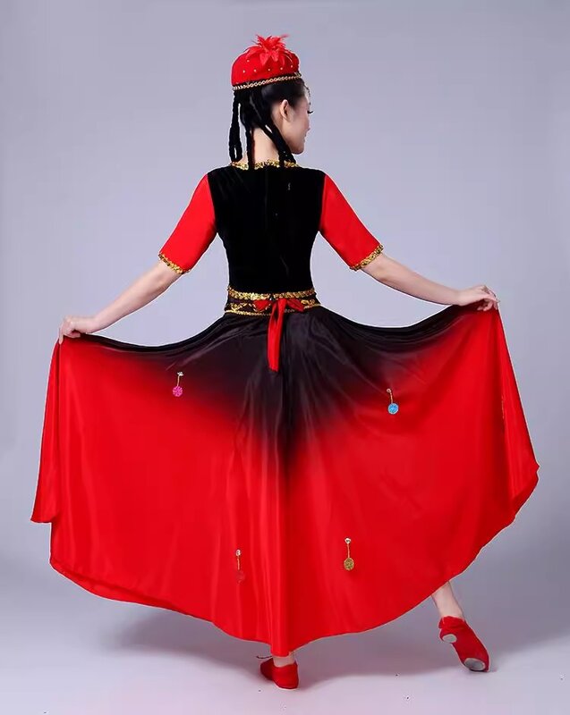 女性のためのXinjiangダンスコスチューム、エスニックダンスコスチューム、wiwu、赤、中国のダンスウェア