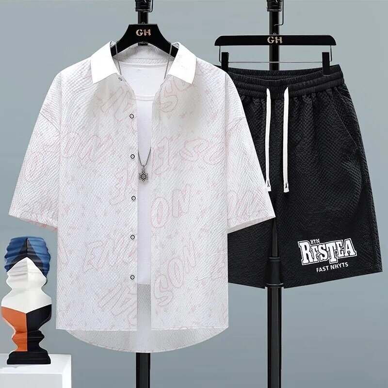 2024 Summer Letter Street Men's Set Shirt+Shorts Fashion Sportswear Men's Casual Set Spring Men's Fashion Shorts Shirt