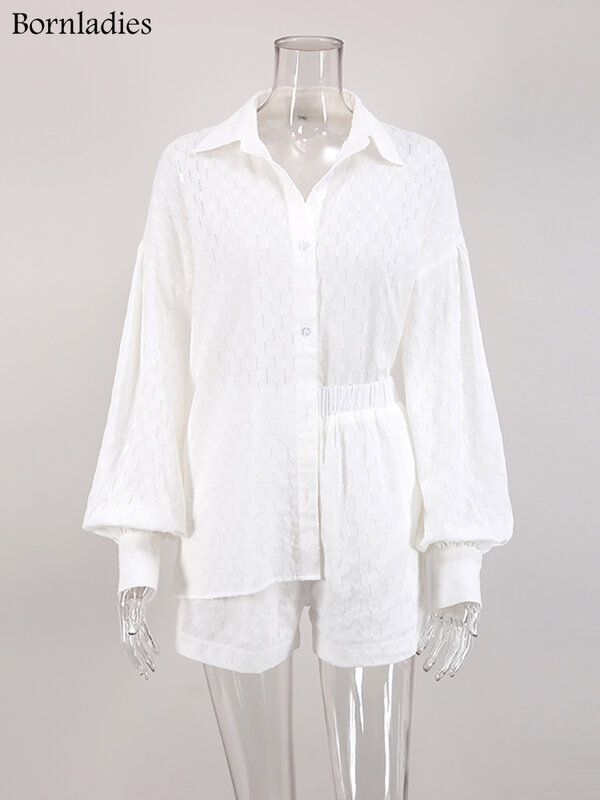 Bornladies, летние белые элегантные жаккардовые костюмы из мягкой ткани для отпуска, женские рубашки с длинным рукавом и горячие брюки, комплект из двух предметов