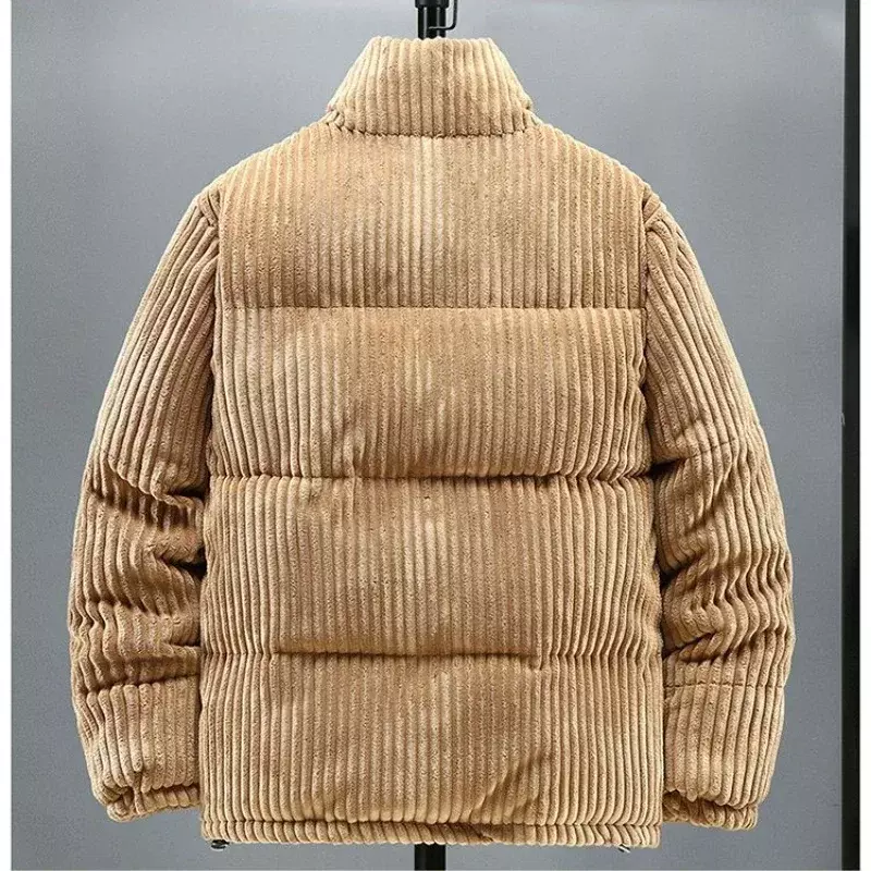 Jaqueta de veludo quente masculina, roupa de inverno, grossa, vintage, casual, solta, gola alta, zíper, algodão acolchoado, casaco de parka