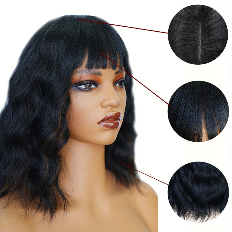 Short Wavy Wig with Bangs Black Mixed Brown Bob Wave Curly Synthetic Wig for Women Natural Synthetic Hair Daily Wear