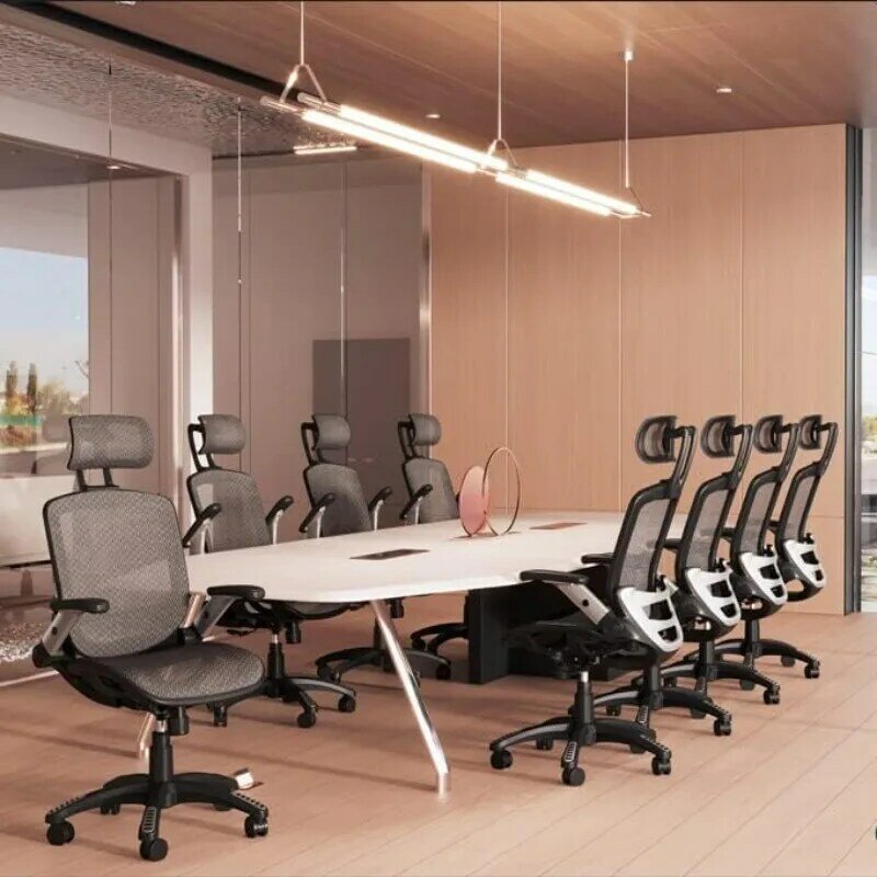 Kursi kantor jaring ergonomis, kursi meja punggung tinggi-sandaran kepala dapat disetel dengan lengan lipat, fungsi kemiringan