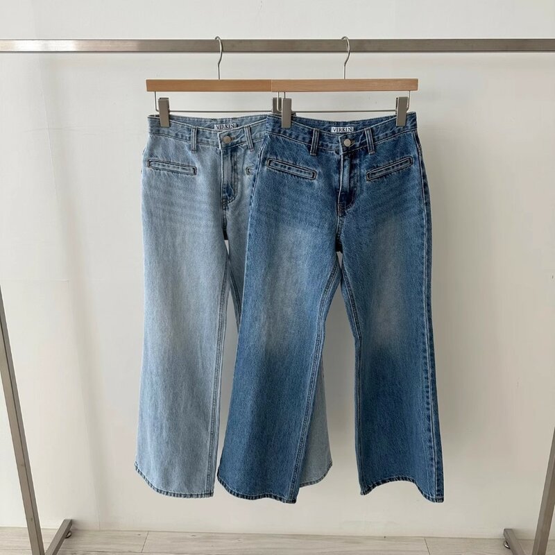 Calças largas e largas vintage para mulheres, calças jeans, finas, retas, lavadas, femininas, outono, P012