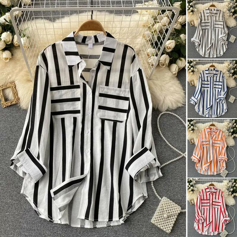 Loose Fitting Striped Shirt Stylish Women's Casual Shirt with Long Sleeve Lapel Vertical Striped Pattern Loose for Streetwear