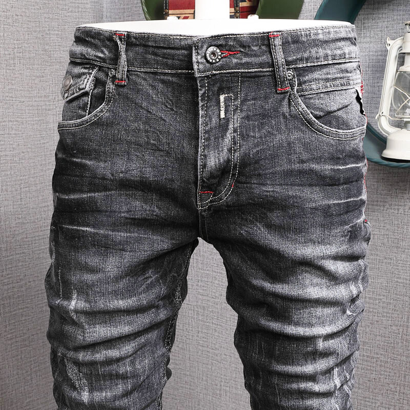 Pantalones vaqueros elásticos para Hombre, Jeans rasgados de diseño Vintage, informales, Retro, negro y gris