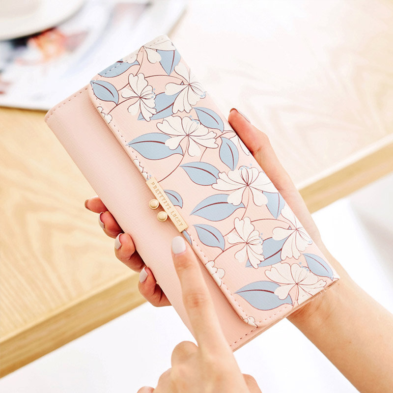 Brand Women's Cute Fashion Purse Long Printing Flower Wallet Phone Purse Female Three Fold Clutch Large Capacity Wallets