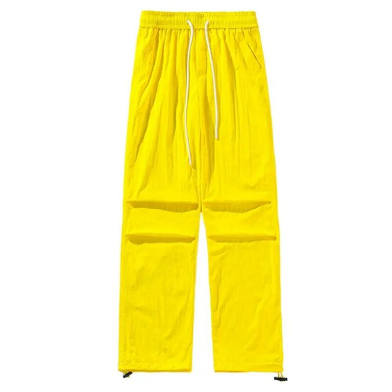 Calças de perna larga com bolsos na cintura com cordão, cor doce elegante masculina, calça de secagem rápida para grandes dimensões