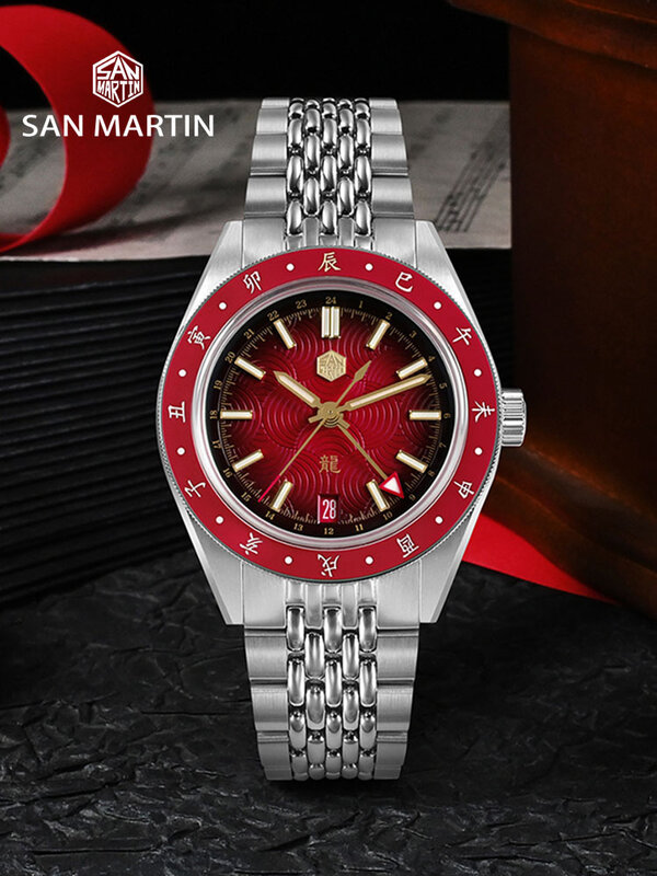 San Martin jam tangan 2024 Tahun Naga Terbatas pria, arloji laki-laki 39.5mm NH34 GMT mekanis otomatis tahan air 100m SN0116