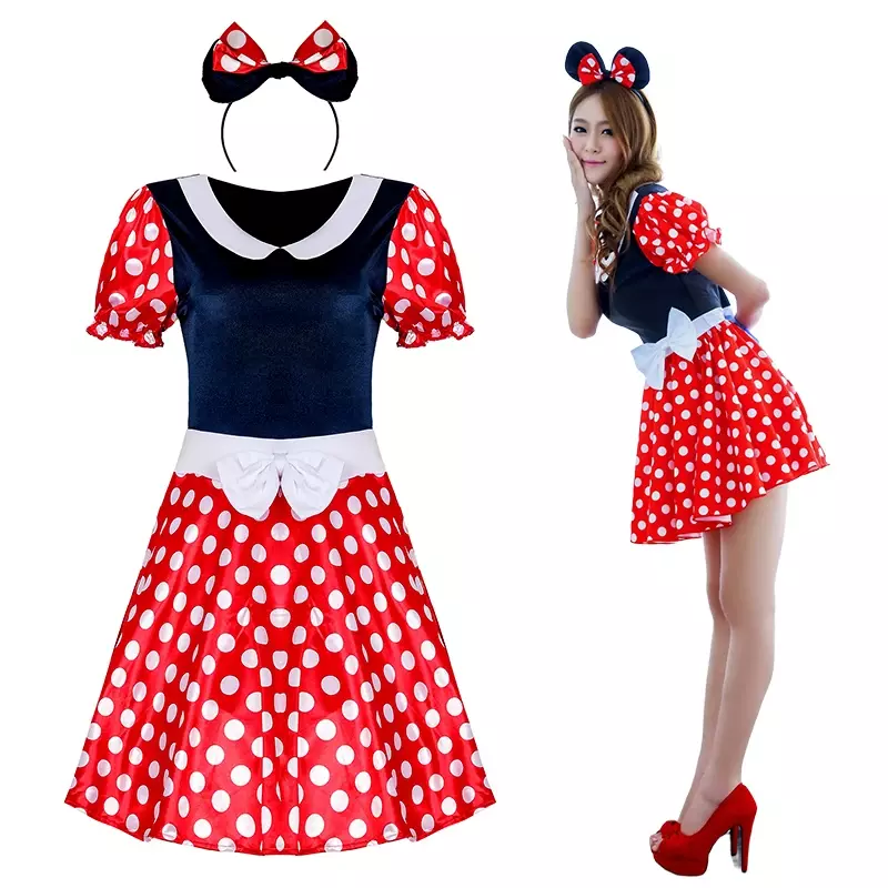 Minnie Mouse kostum gadis, kostum Disney Mickey Minnie, gaun musim panas, dewasa, Kartun Tikus, ikat kepala, kostum Natal Halloween