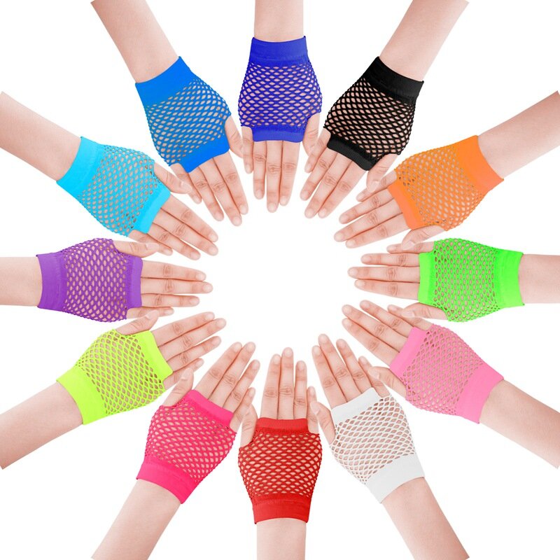 Kolorowe nylonowe krótkie rękawiczki kabaretki bez palców elastyczne wgłębienie neonowe rękawiczki na nadgarstki rękawiczki kostium na Halloween akcesoria