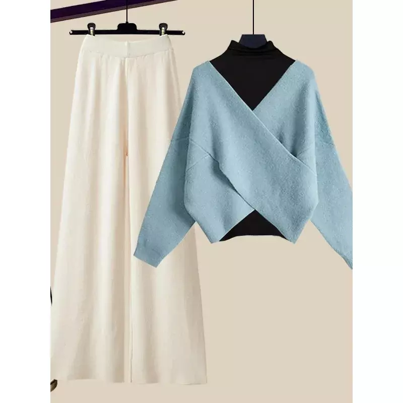 Setelan rajutan tiga potong musim dingin, setelan sweter leher V elegan wanita kantor set N557, atasan dasar + celana rajut kaki lebar
