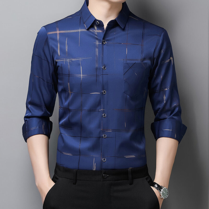 6XL duża wiosenna i jesienna 2023 nowa męska koszulka z długim rękawem Slim Fit luksusowe tłoczenie elastyczna nieżelazna rozrywka koszula biznesowa