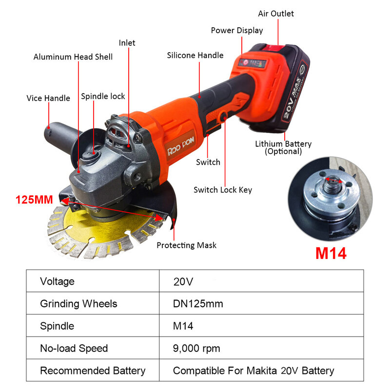 RDDSPON Brushless Electric Angle Grinder Cordless 125MM 3 Gears Cutting Machine Power Tool For Makita 18V Lithium-Ion Battery