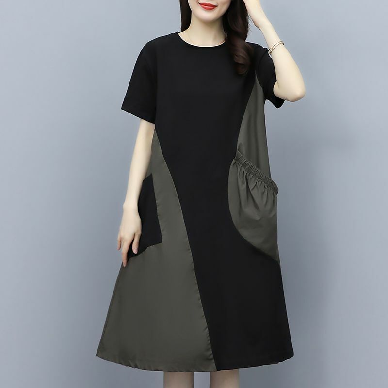 Damska letnia koreańska prostota patchworkowa plisowana w jednolitym kolorze luźna sukienka z okrągłym dekoltem z krótkim rękawem Midi damska odzież swobodne sukienki