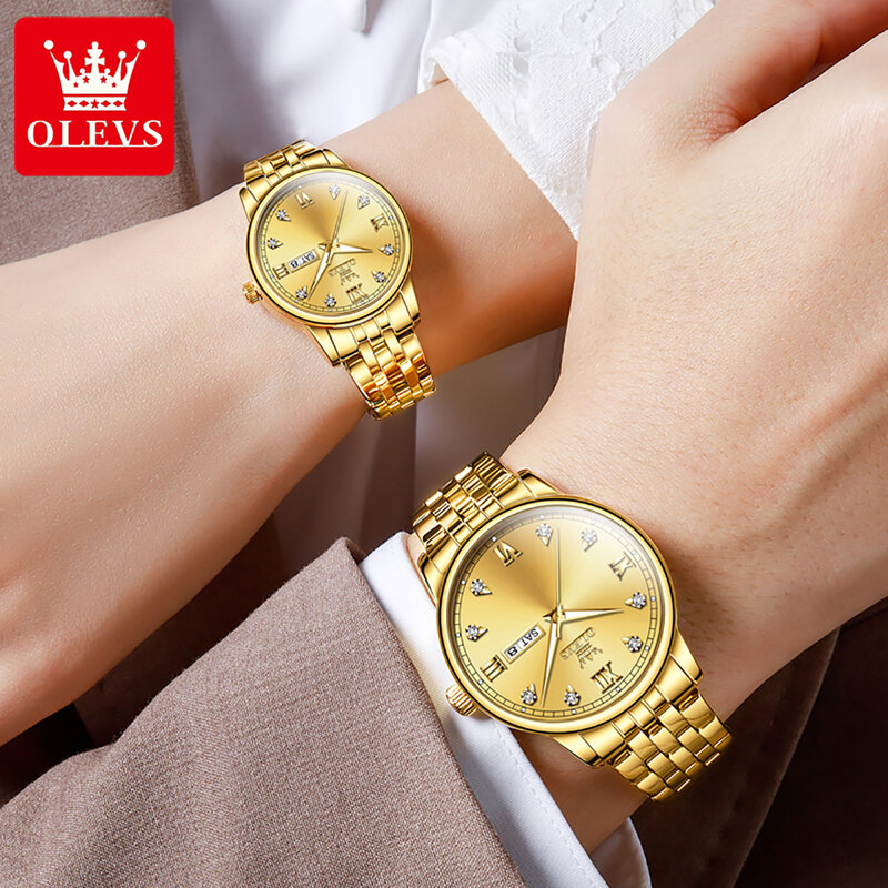 OLEVS นาฬิกาคู่แฟชั่นสำหรับชายและหญิงสแตนเลสนาฬิกาควอตซ์สีทองกันน้ำ Jam Tangan tanggal สัปดาห์