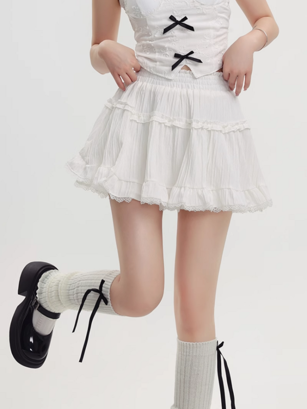 Kawaii Mini Skirt Lolita Lace Ruffles Patchwork Sweet Women Preppy Style Solid Korean Fashion Female High Waist Skirts