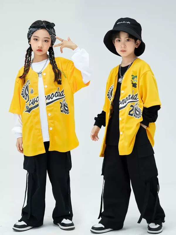 Hip hop streetwear meninas jazz dança traje amarelo camisa solta carga calças kpop outfit meninos rua dança prática wear ys4569