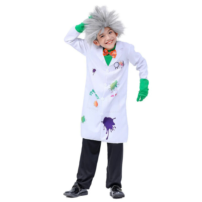 Kinder Junge Psycho verrückte Wissenschaftler Cosplay Kostüme Perücke Hosen Brille Handschuhe Kinder Rollenspiel Arzt Wissenschaftler Beruf Kleidung