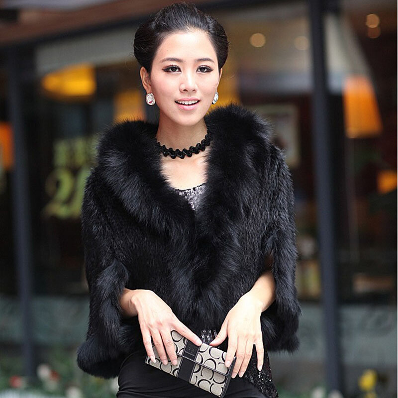 Luxury Ladies Autumn Winter Genuine Knitted Mink Fur Shawls Fox Fur Collar Women Fur Pashmina Wraps Bridal Cape Coat Jacket