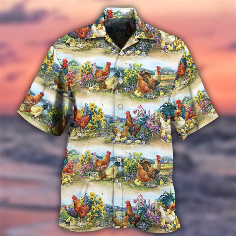 남성용 하와이안 반팔 셔츠, 재미있는 치킨 프린트 단추, 캐주얼 비치 알로하 셔츠, 플러스 사이즈 6XL, 여름 패션