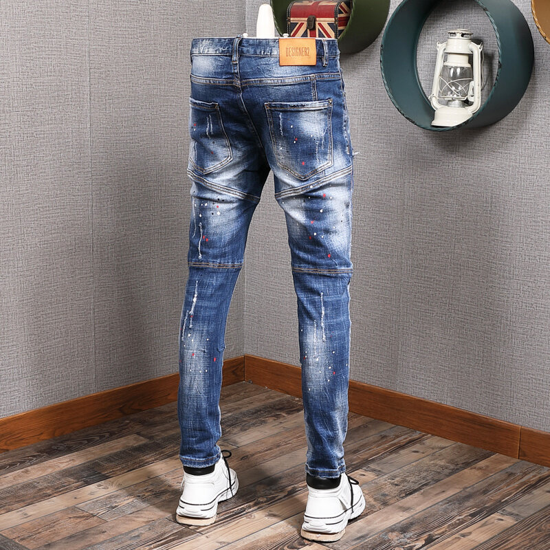 Streetwear moda masculina calças de brim retro azul elástico fino ajuste pintado rasgado jeans homens emendado designer hip hop calças jeans hombre