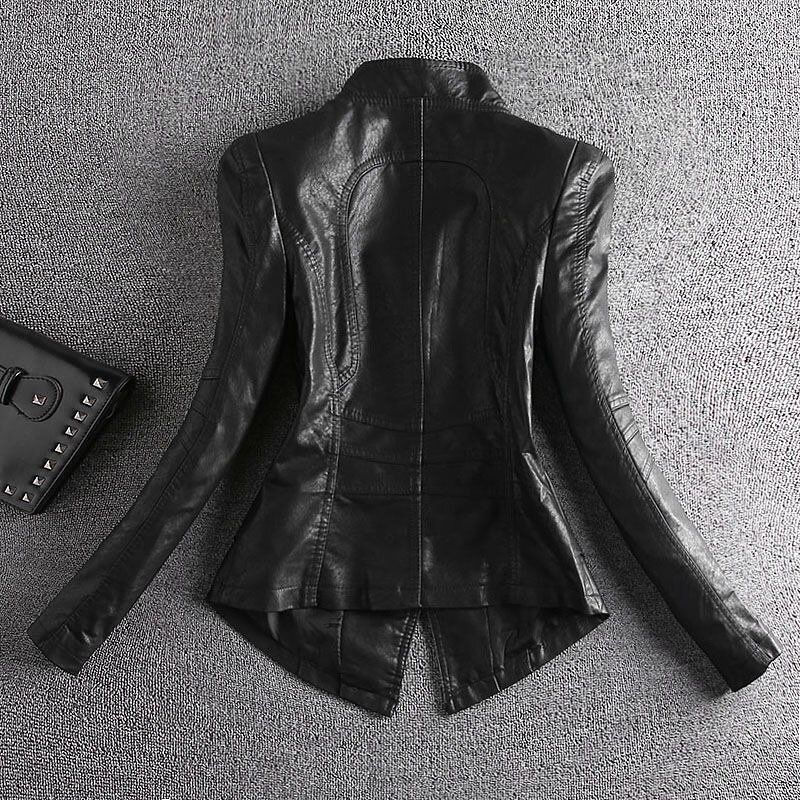 Women's Cotton Leather Coat, Short Slim Outwear, Fashion Biker Jacket, Casual Thin Outcoat, Temperament Stand Collar Top, New