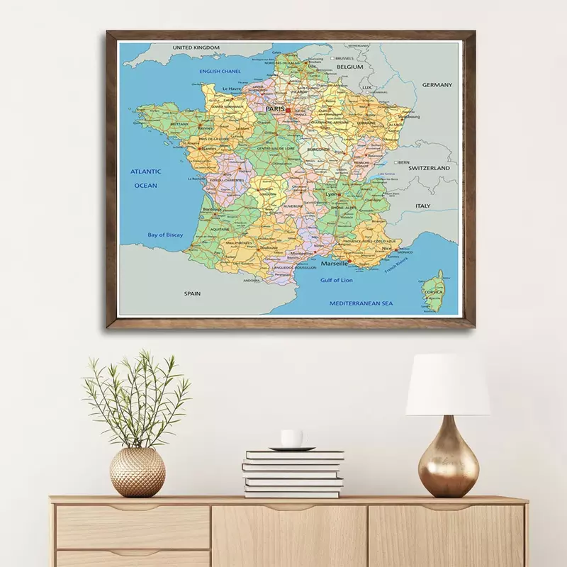 Mapa politico de Francia, 150x150cm, lienzo no tejido, cartel mural de pintura para sala de estar, decoración del hogar, suministros escolares