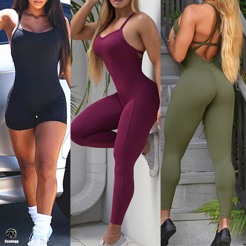 Backless Sports Woman 2023 Lycra Fitness Overalls One Piece Jumpsuit Shorts Sport Outfit Gym Workout Clothes for Women Sportwear