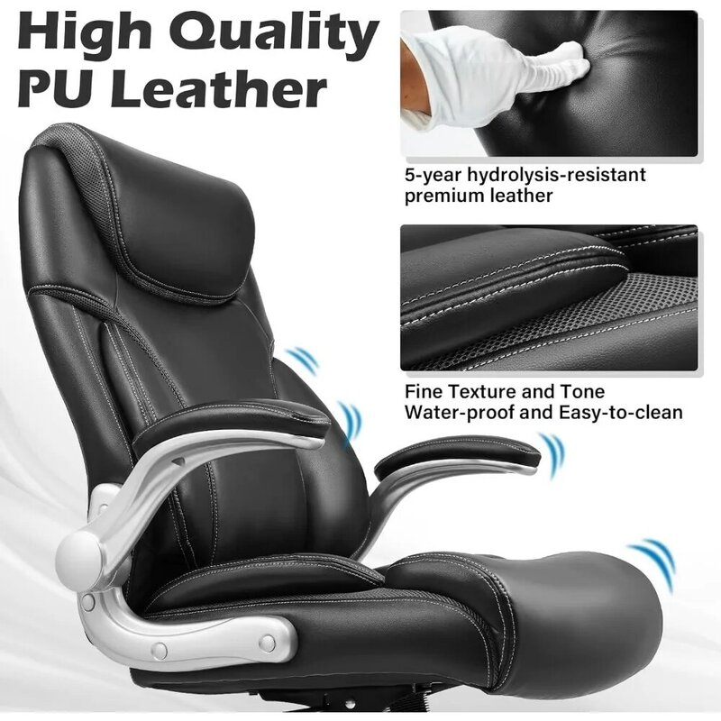 Cadeira executiva de couro encosto alto, ângulos de inclinação ajustável, mesa giratória, estofamento grosso para apoio de braço e ergonômico