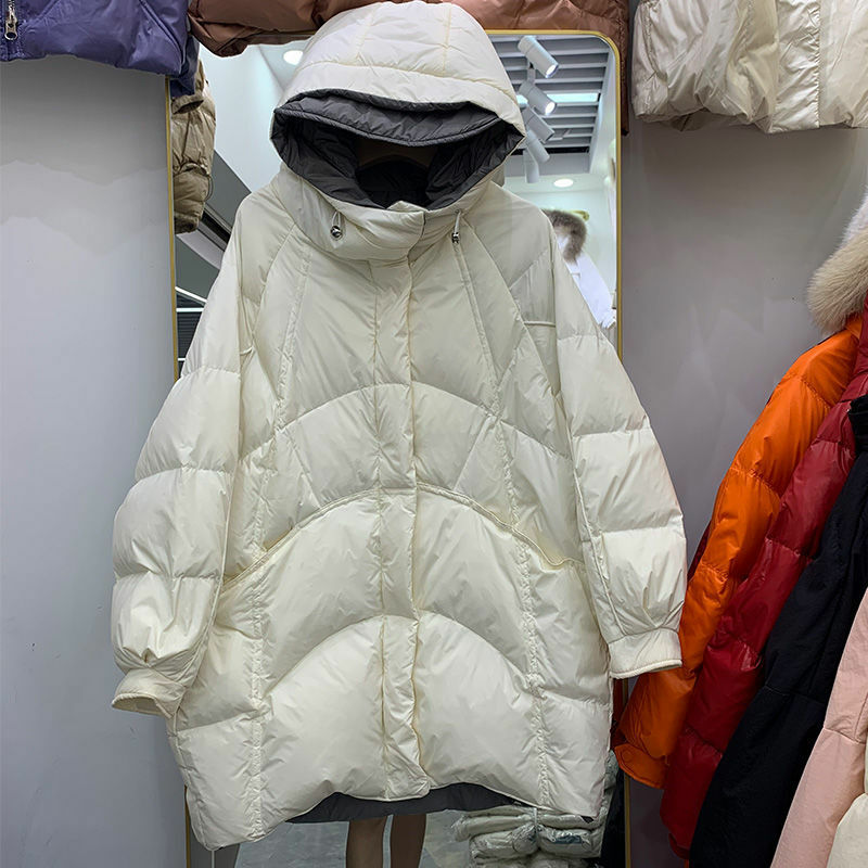 023 nowe damskie biała kurtka puchowa zimowe kurtki damskie średniej długości luźne odzież z kapturem zagęszczają ciepła, Slim płaszcz